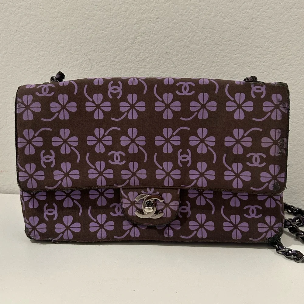 CHANEL Brown and Purple Floral CC Turnlock Crossbody Bag